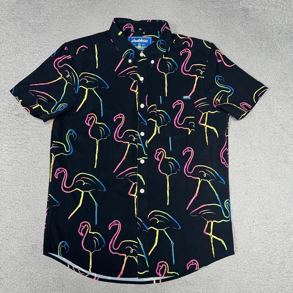 Chubbies Shirt Mens Sz S Black Neon Flamingo Short Sleeve Hawaiian AOP Button Up
